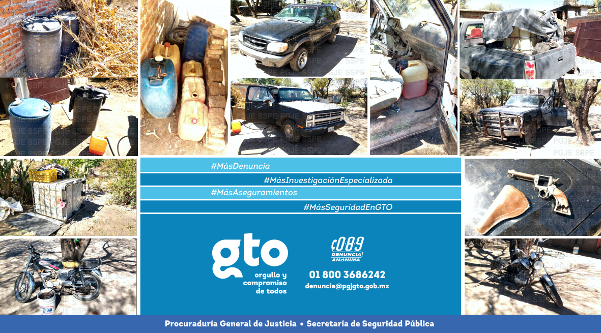 PGJE y SSPE aseguran inmueble en Irapuato, con combustible, vehículos robados y armas de fuego.