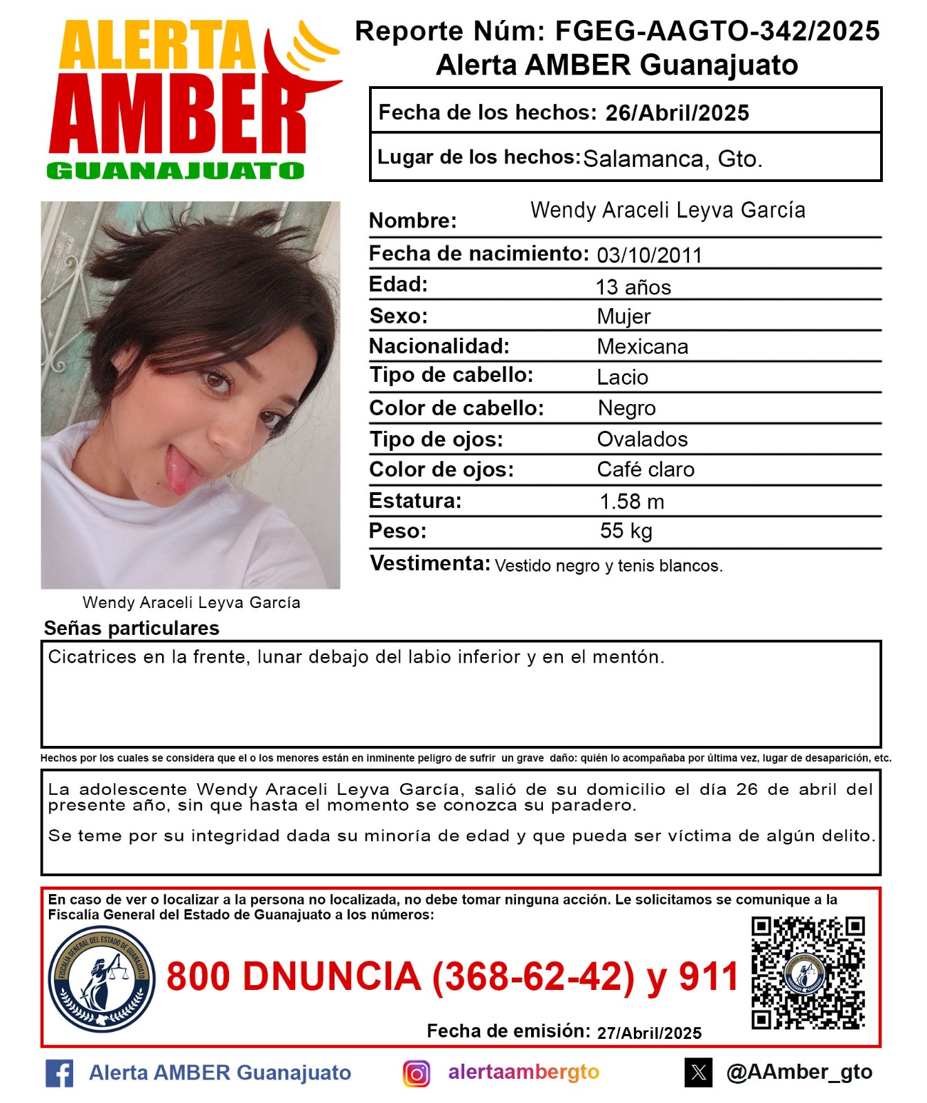 #Salamanca ACTIVAN ALERTA AMBER TRAS LA DESAPARICIÓN DE WENDY, MENOR DE 13 AÑOS