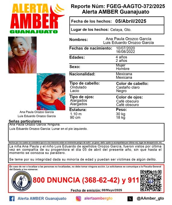 GUANAJUATO EMITE ALERTA AMBER POR LA DESAPARICIÓN DE DOS HERMANITOS EN CELAYA