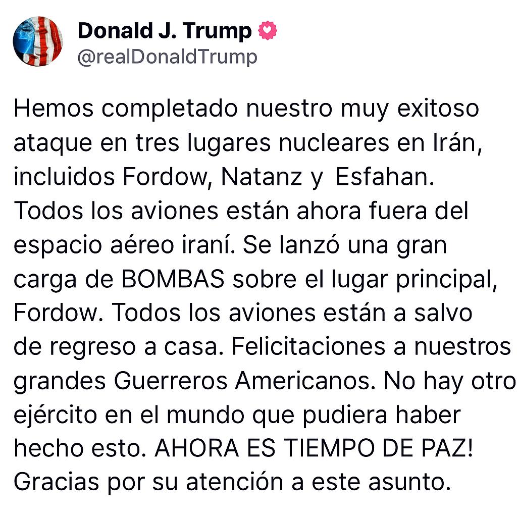 #Internacional ESTADOS UNIDOS BOMBARDEA INSTALACIONES NUCLEARES EN IRÁN; TRUMP HABLA DE “AHORA ES TIEMPO DE PAZ!”