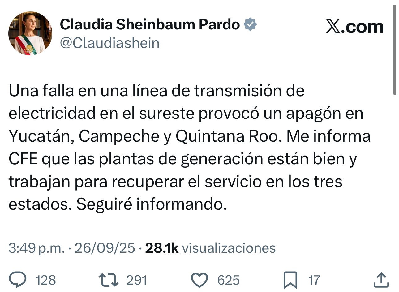 #Nacional Apagón afecta a Yucatán, Campeche y Quintana Roo; CFE trabaja en restablecer el servicio