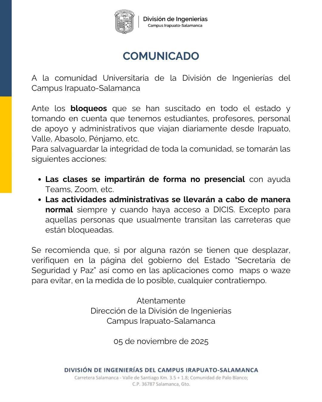 #Salamanca DICIS cambia a clases virtuales ante bloqueos en algunas zonas del estado