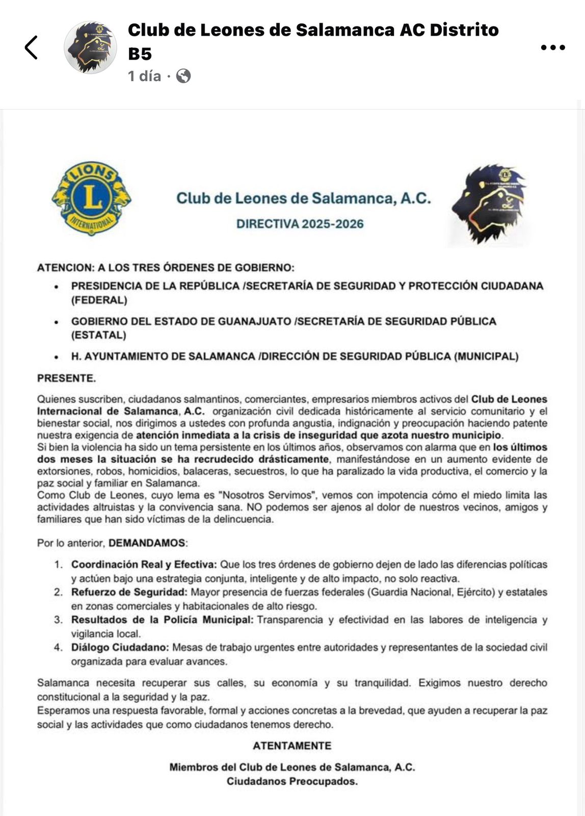 Club de Leones de #Salamanca exige acciones urgentes ante crisis de inseguridad