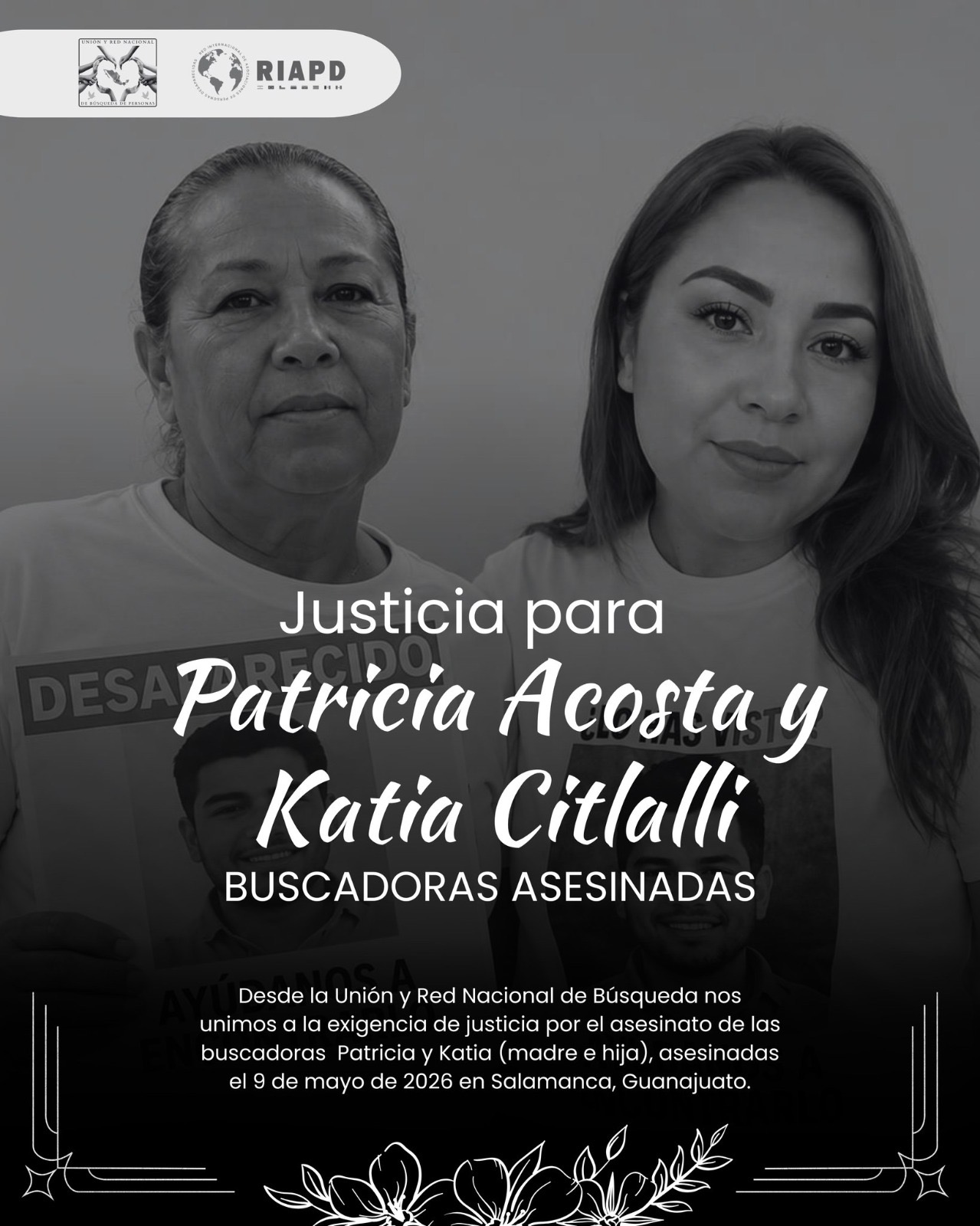 Unión y Red Nacional de Búsqueda de Personas exigen justicia por el asesinato de dos buscadoras en #Salamanca