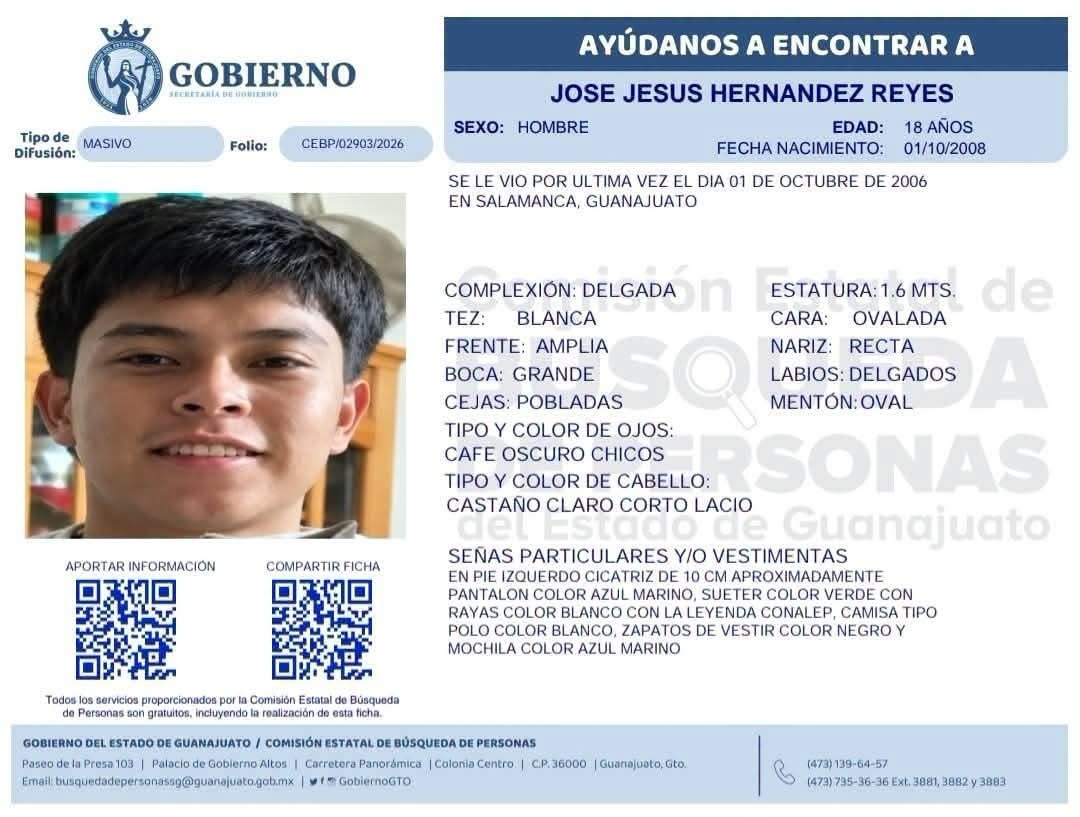 Buscan a José Jesús Hernández, joven presuntamente privado de la libertad en el CONALEP, #Salamanca